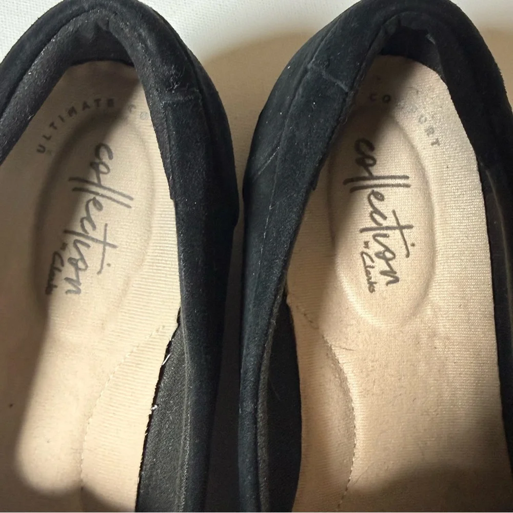 Clarks Collection Black‎ Suede Platform Loafers Bow Detail 7M